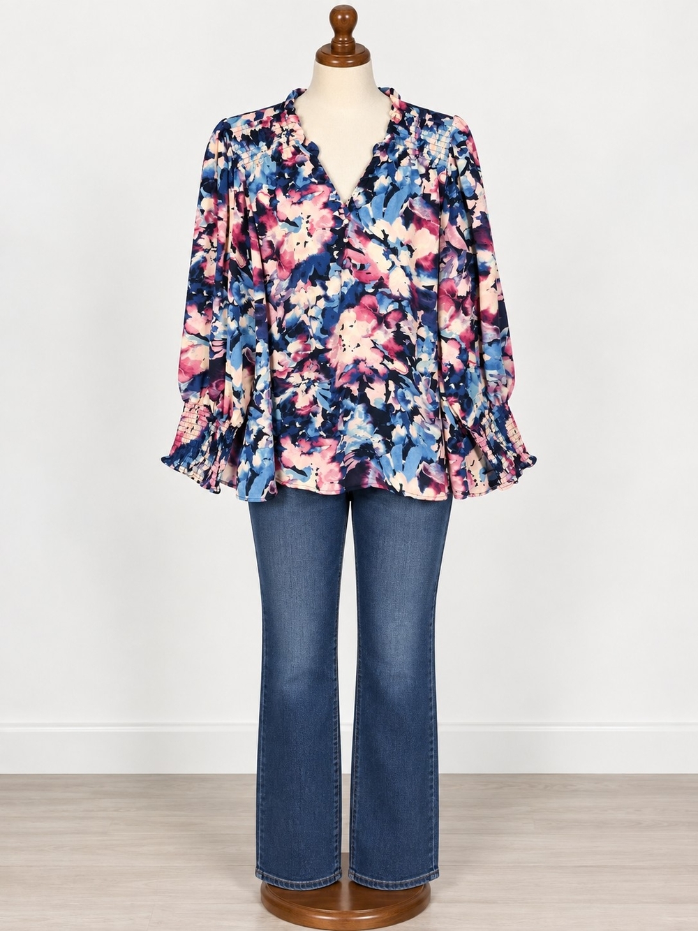 Zac & Rachel Pink and Blue Floral Watercolor V-Neck Blouse